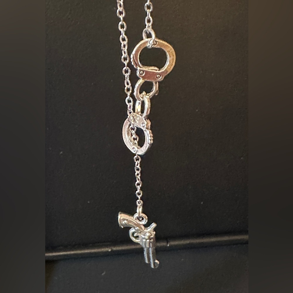 Handcuffs and Pistol Drop Necklace Silvertone - Picture 2 of 4